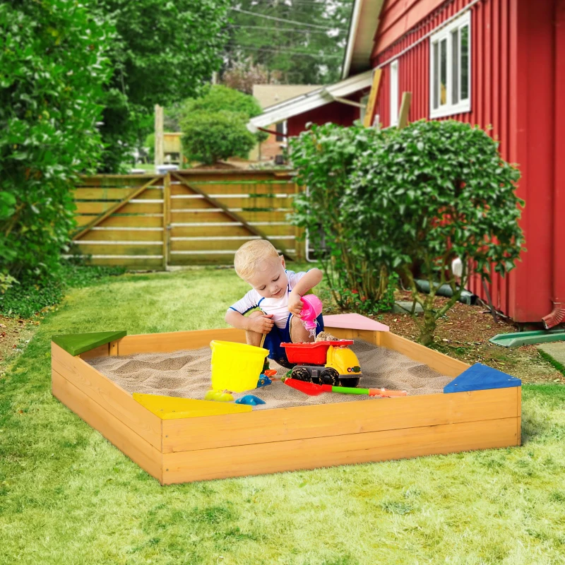 Outsunny Quadratischer Sandkasten aus Holz für Kinder mit 4 Sitzgelegenheiten in der Ecke und Schutzfilm 109 x 109 x 19,8 cm Naturholz