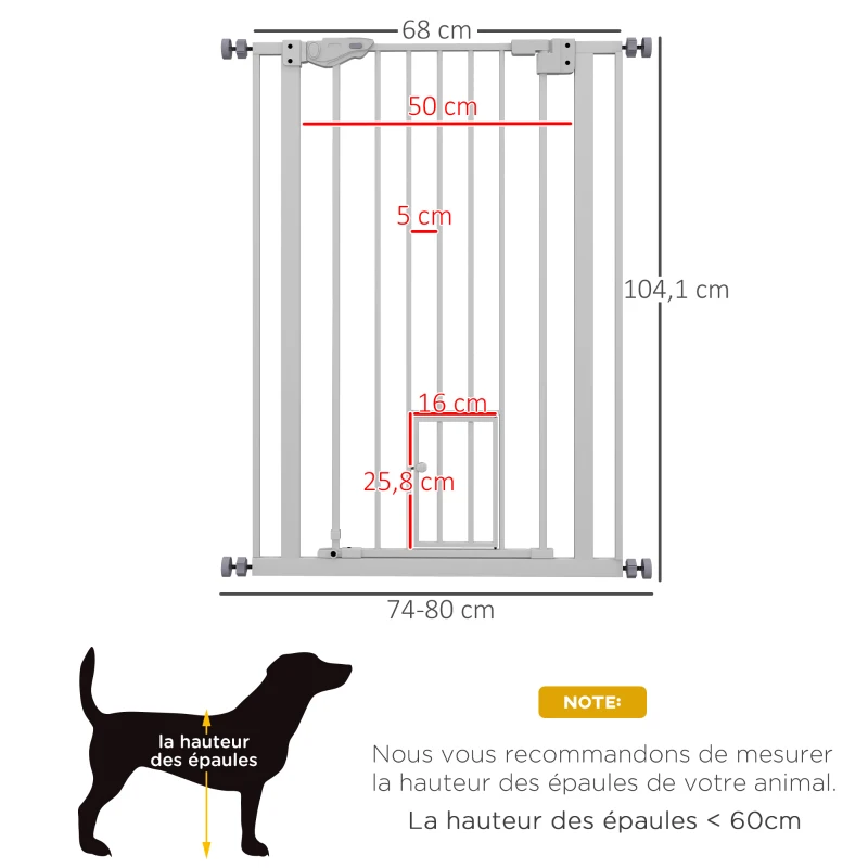 PawHut Barrera de seguridad para mascotas de 104 cm con puerta de cierre automático sistema de doble bloqueo sin perforación