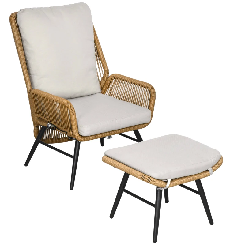 Outsunny Poltrona da giardino con poggiapiedi in rattan PE, schienale inclinabile e cuscini, design bohémien
