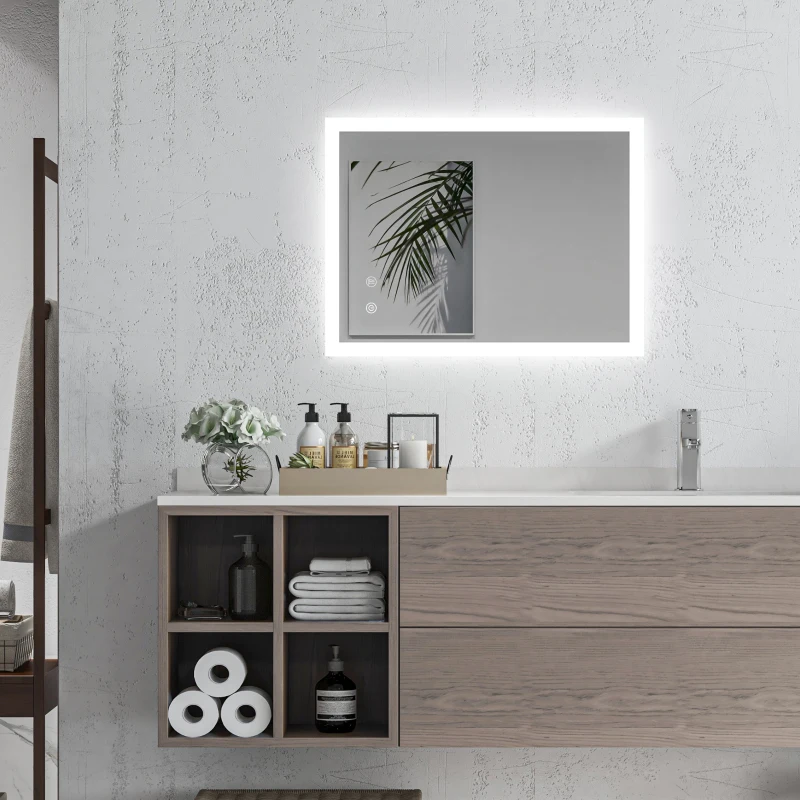 Kleankin Oglinda de Baie cu Lumina LED, Luminozitate Reglabila si Functie de Memorie, 70x50x3 cm, Transparent