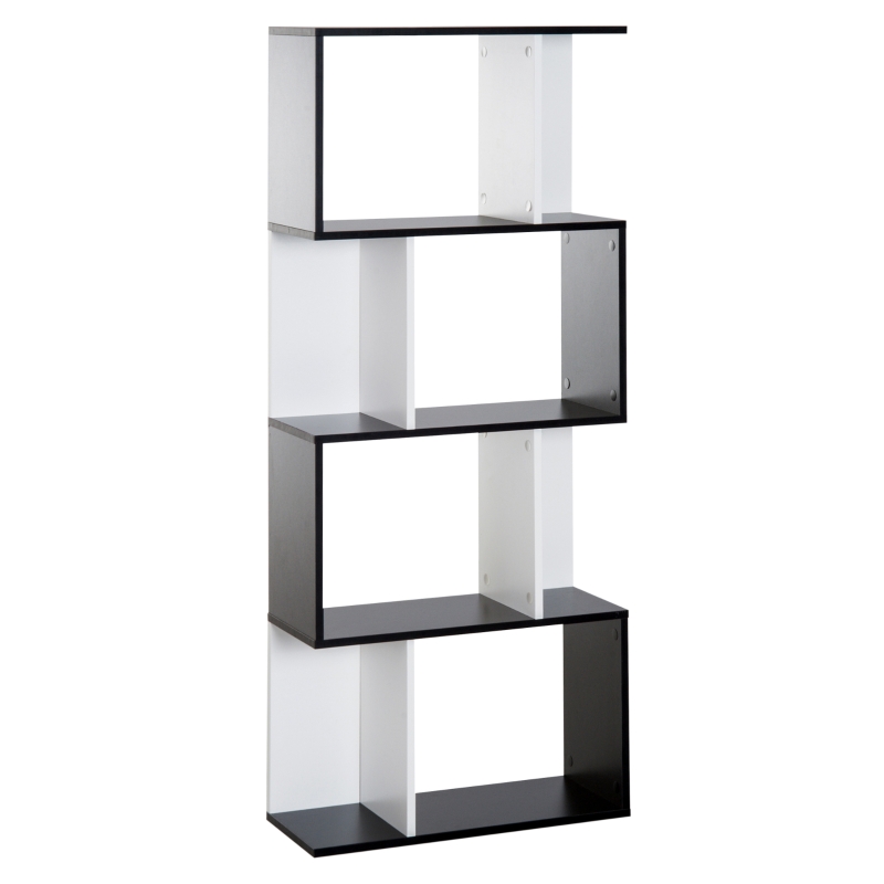 HOMCOM Libreria Scaffale Mobile da Rangement di Design Contemporaneo a Forma di S 4 mensole 60L x 24l x 148H cm Nero Bianco