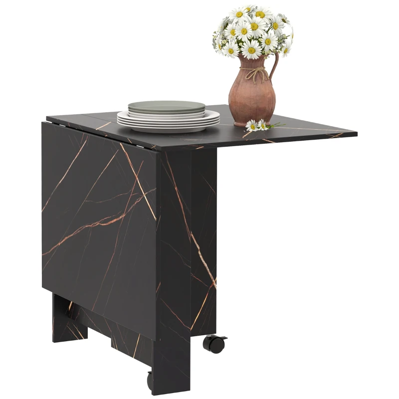 HOMCOM Tavolo da Cucina Pieghevole, Tavolo da Pranzo Pieghevole, con 2 Ribalte, 2 Ruote con Freni, 120 x 80 x 73 cm, Nero Marmorizzato