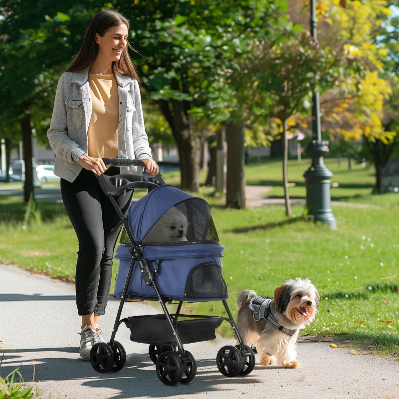 PawHut Faltbarer Haustierkinderwagen Buggy für Hund Katze mit Aufbewahrungskorb und Becherhalter aus wasserdichtem 300D Oxford(4 Räder, Dunkelblau)