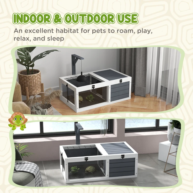 PawHut Casa recinto jaula para tortugas pequeñas con 2 espacios soporte de lámpara 81x48x31,5 cm Gris