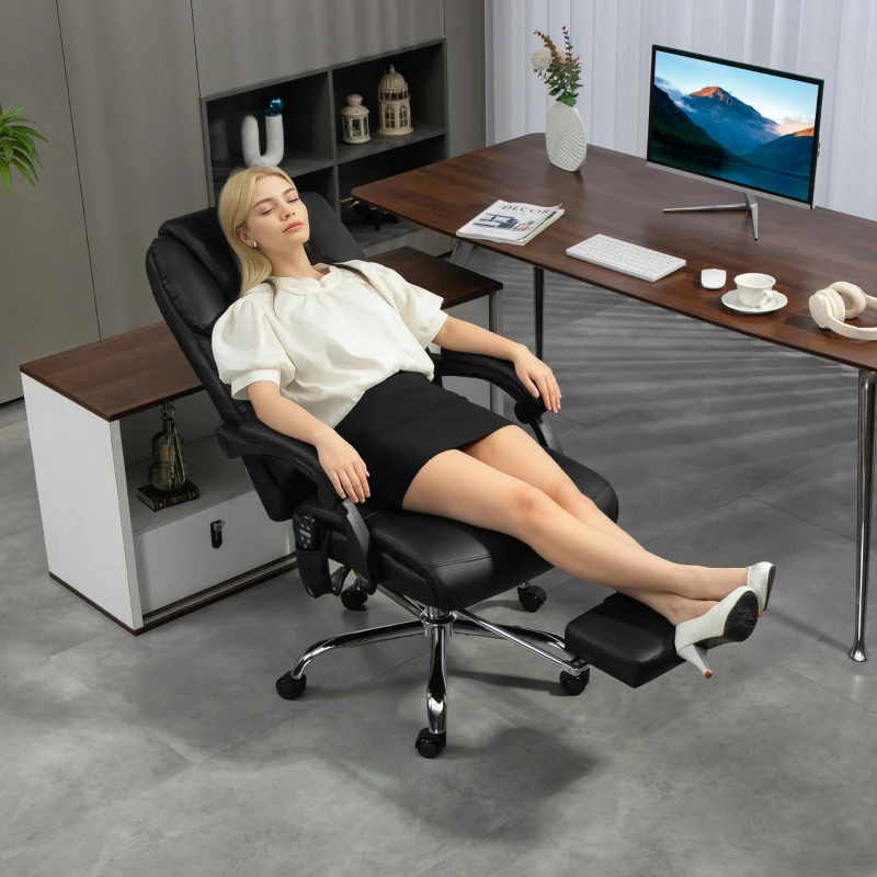 HOMCOM Chaise de Bureau Massante et Chauffante avec Dossier Inclinable et Repose-Pieds en Cuir PU, Noir