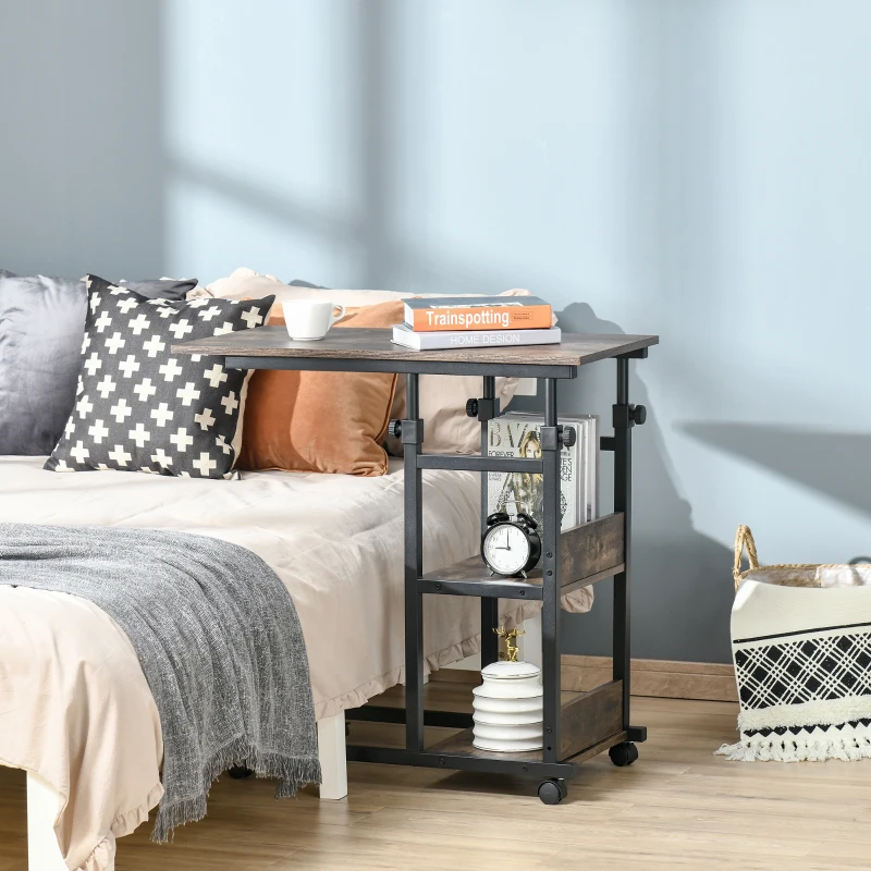 HOMCOM Tavolino d'Appoggio, Tavolino da Letto per Computer Portatile, Altezza Regolabile, 2 Mensole Integrate, Struttura Metallica, Marrone