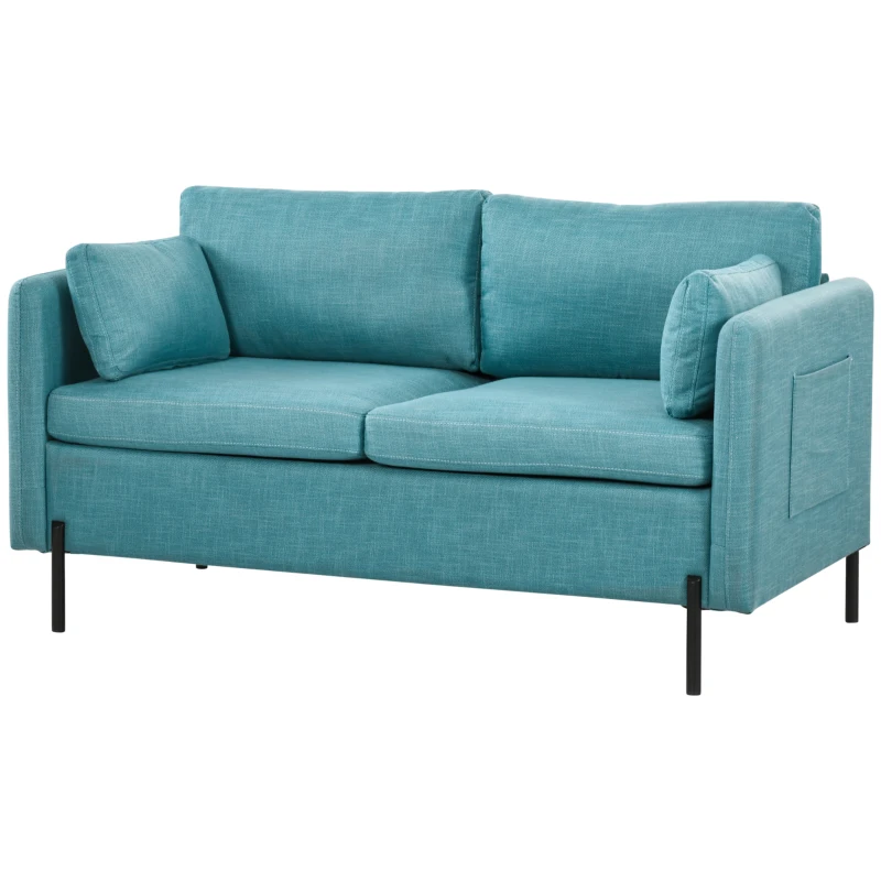 HOMCOM Sofá de 2 plazas estilo contemporáneo 2 bolsillos en los reposabrazos patas de acero revestimiento tela aspecto lino Azul