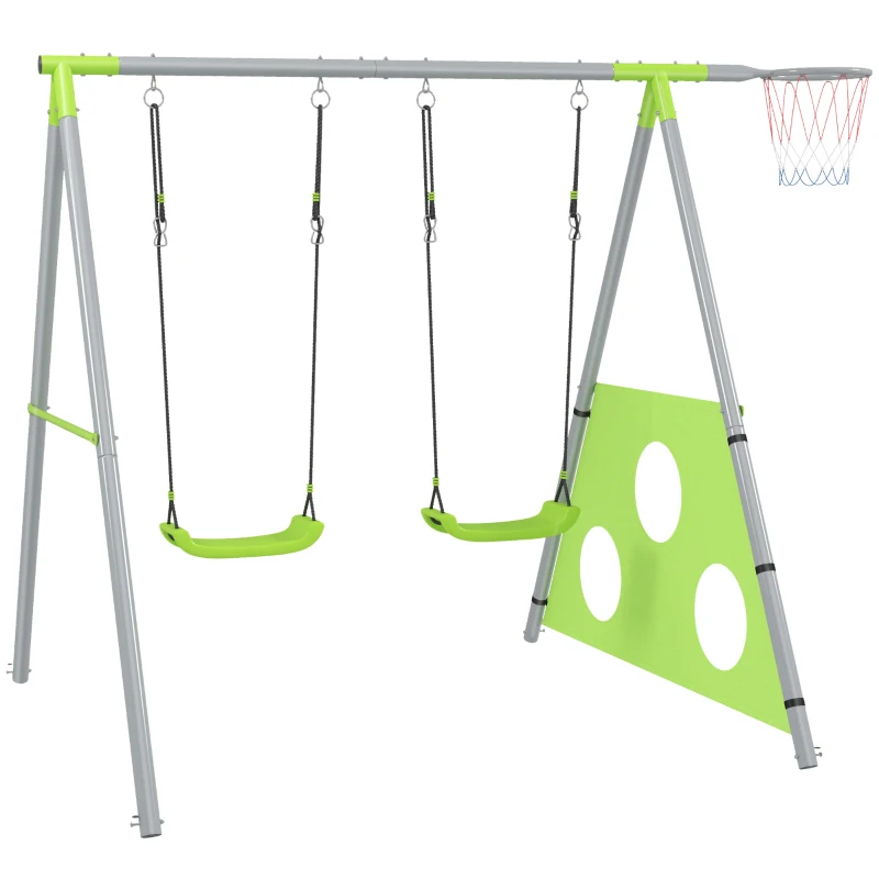 AIYAPLAY Jeu pour Enfants 3 en 1 avec Balançoire de Jardin, Panier et But de Football, 238x180x182 cm, Vert et Gris