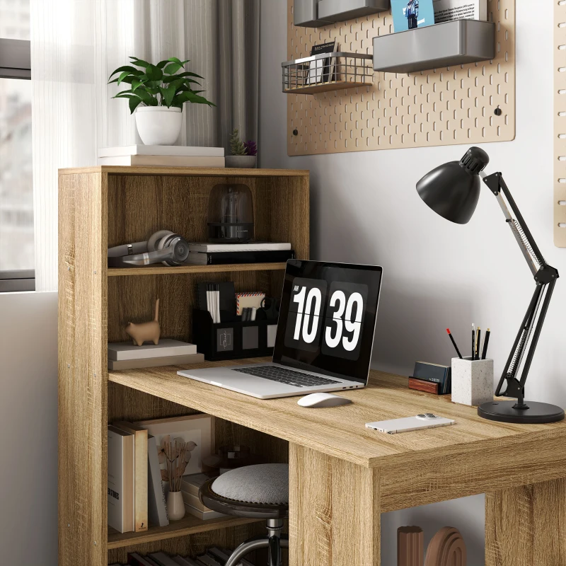 HOMCOM Scrivania per Computer con Mensola, Scrivania ad Angolo, Libreria Adiacente Multi-Archiviazione, Rovere