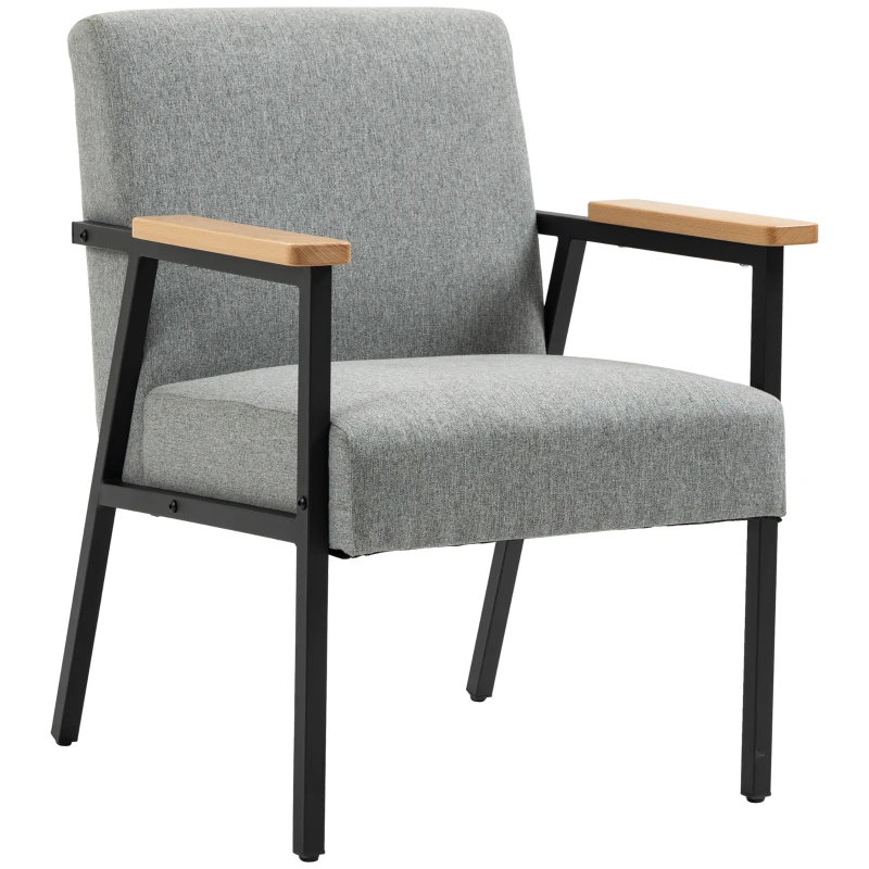 HOMCOM Sillón de Acento en Diseño Escandinavo Sillón relax Silla de Acento Aspecto de Lino Madera de Caucho Gris+ Negro + Marrón