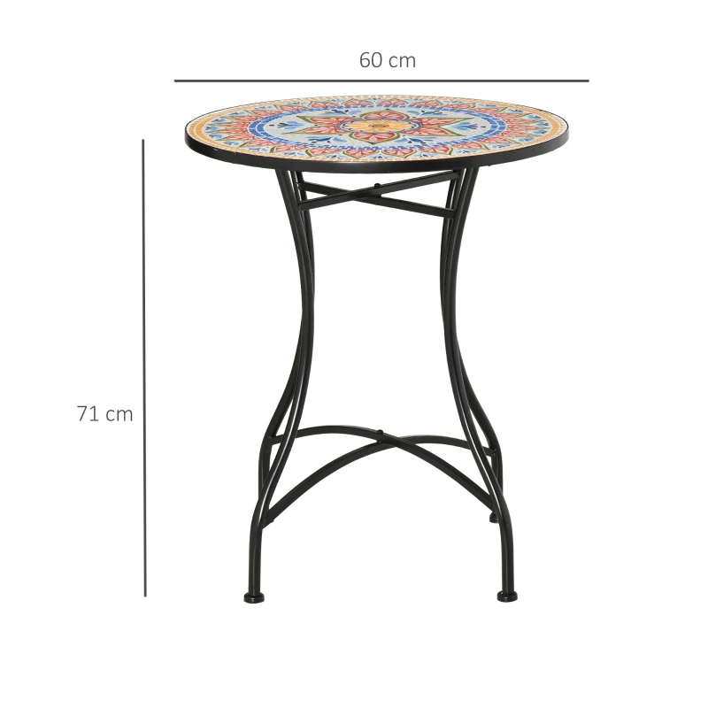 Outsunny Mesa de Jardín Mosaico Redonda Mesita Auxiliar Bistró con Placa de Mosaico de Cerámica Metal Rojo+Azul+Blanco 60 cm