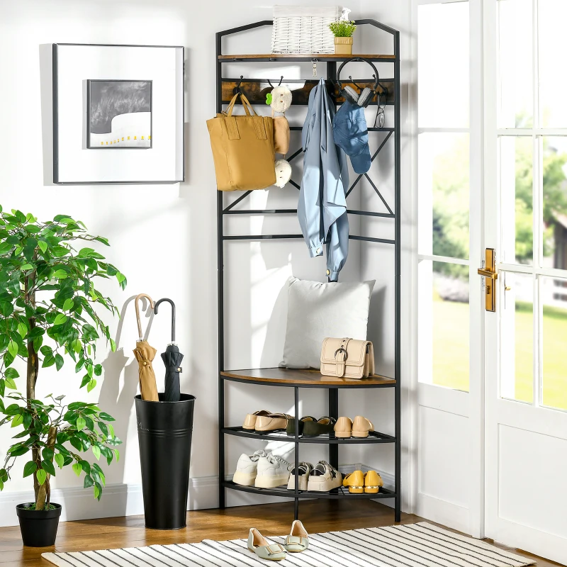 HOMCOM Eckiger Bodenkleiderständer mit Bank und Schuhregal im industriellen Stil, 50x50x183cm, Braun