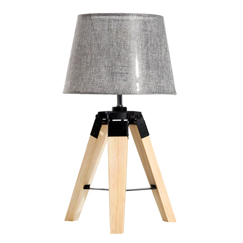 HOMCOM Wooden Tripod Table Lamp for Side, Desk or End Table with E27 Bulb Base（Grey Shade）
