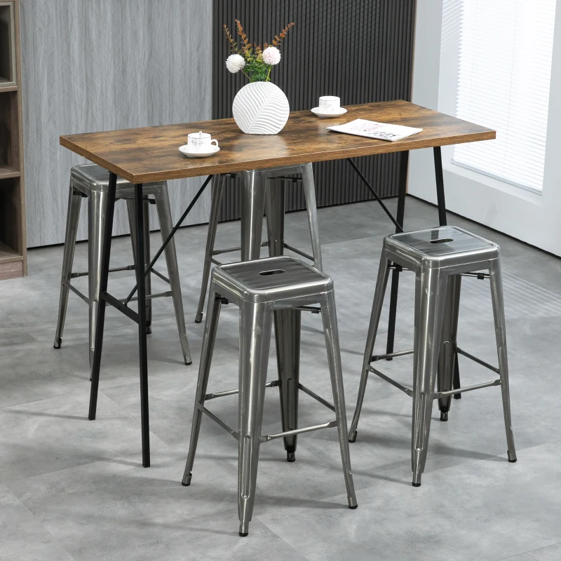 HOMCOM Set di 4 sgabelli da bar industriale impilabili altezza seduta 76 cm in metallo argento