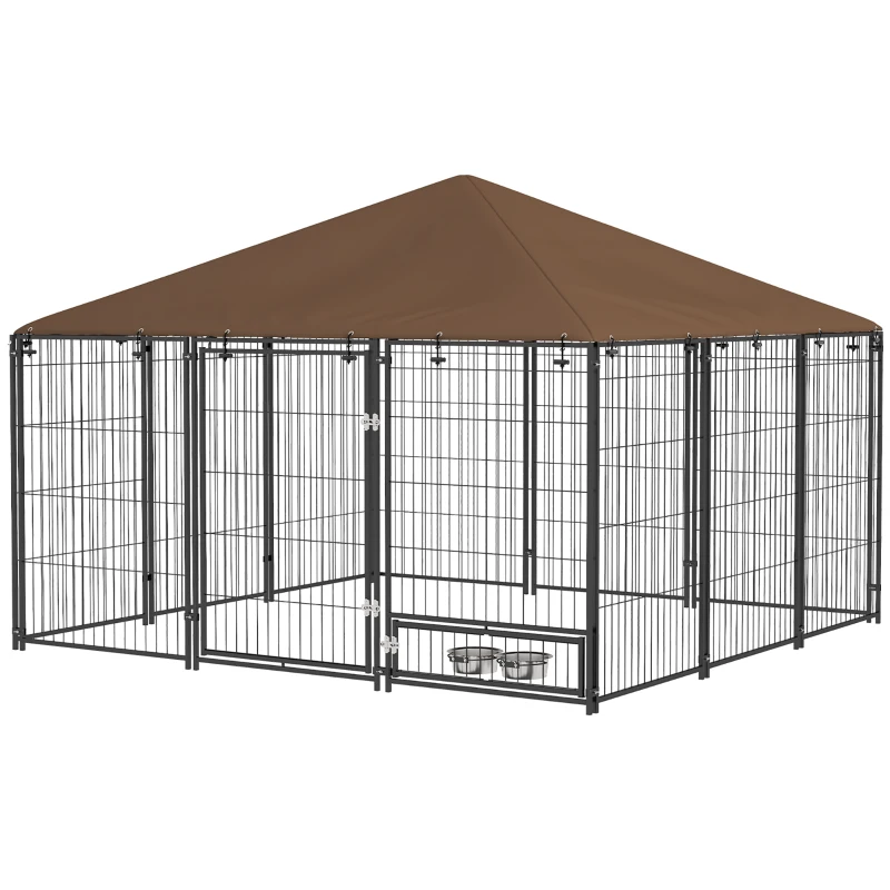 PawHut Kennel da Esterno per Cani in Acciaio e Tessuto Oxford con Supporto Ciotola e Tetto Resistente alle Intemperie, Spazioso, Marrone