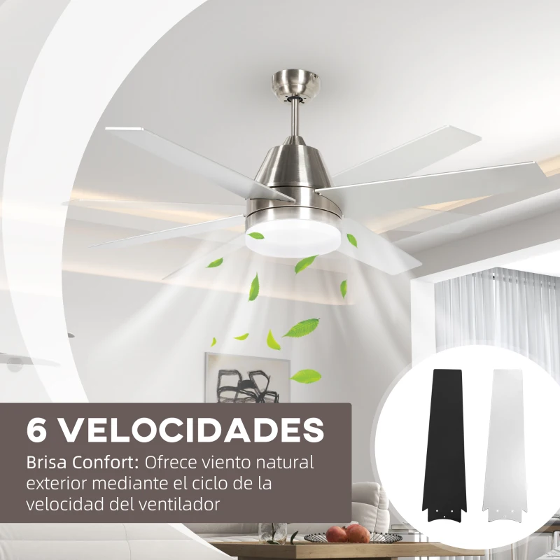 HOMCOM Ventilador de Techo con Luz 46W Ø129 cm Motor DC con 4 Aspas Reversibles Mando a Distancia y Temporizador Plata