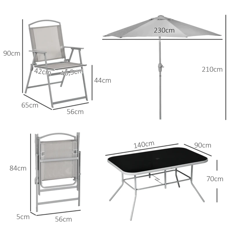 Outsunny Gartenmöbel-Set 8-teilig mit großem Sonnenschirm, Tisch und klappbaren Stühlen - Epoxid-Stahl, Textilene, Polyester in Grau