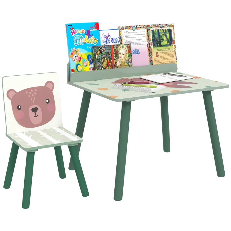 AIYAPLAY Ensemble Table et Chaise pour Enfants avec Étagère de Rangement, en MDF et Bois de Pin, Vert