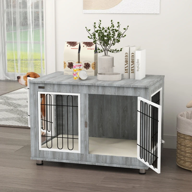 PawHut Jaula para perros animales jaula de perro de pie con cojín extraíble acero aspecto madera 90x58x65 cm Gris