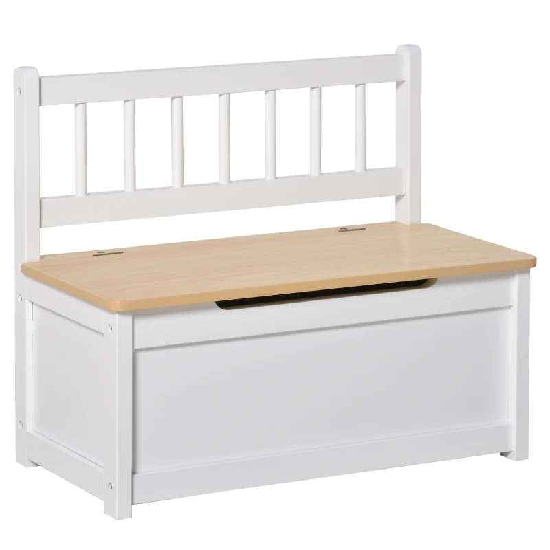HOMCOM Coffre de Rangement pour Enfants 2 en 1 en Bois avec Piston de Fermeture Sécurisé, 60x30x50cm Blanc et Bois Naturel