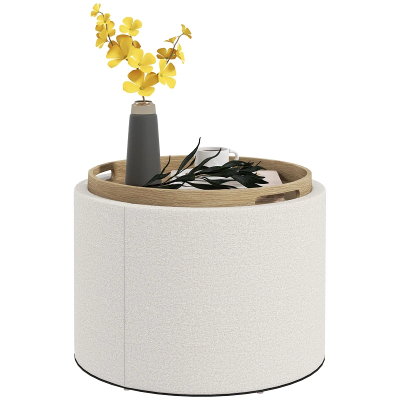 HOMCOM Puffs Taburete Acolchado de Lino con Almacenamiento Oculto y Tapa Reversible 56x56x42 cm Crema + Natural