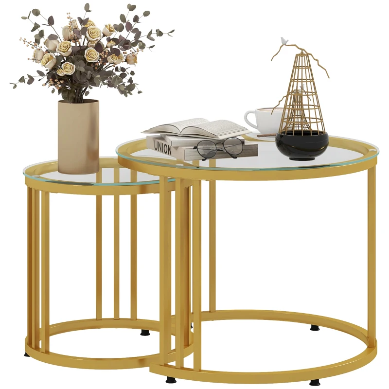 HOMCOM Conjunto de 2 mesas auxiliares nido redondas 60/40 cm tablero cristal templado y pie de acero al carbono diseño moderno dorado