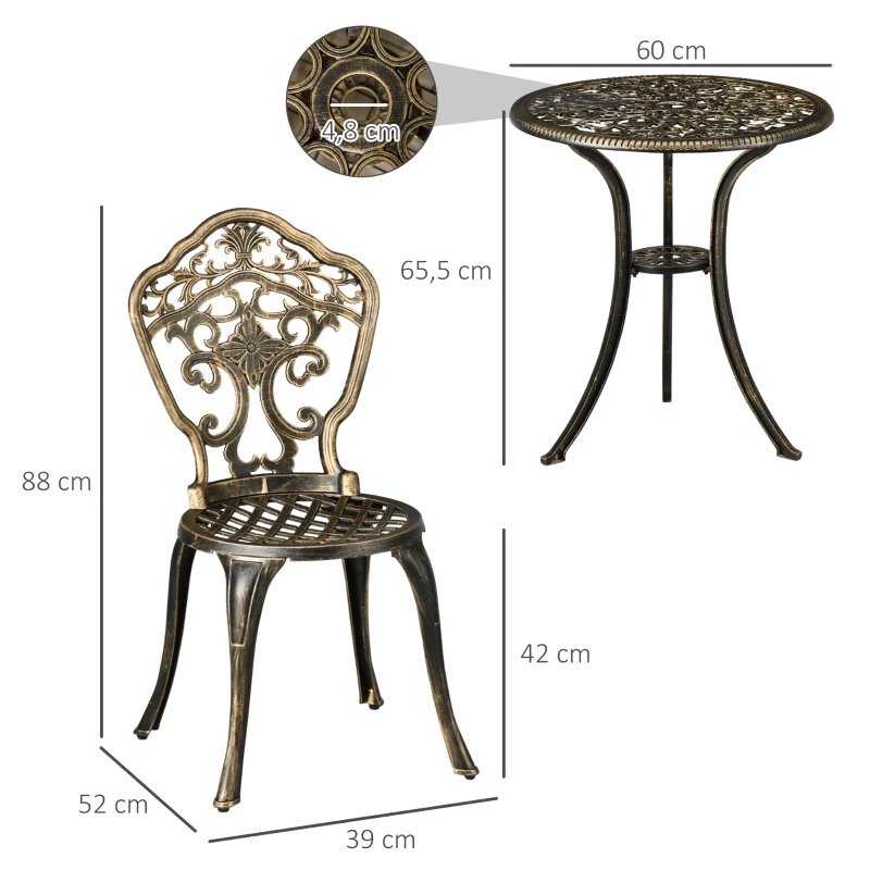 Outsunny Conjunto bistró para jardín en aluminio salón de jardín 3 piezas 2 sillas + mesa redonda imitación hierro forjado