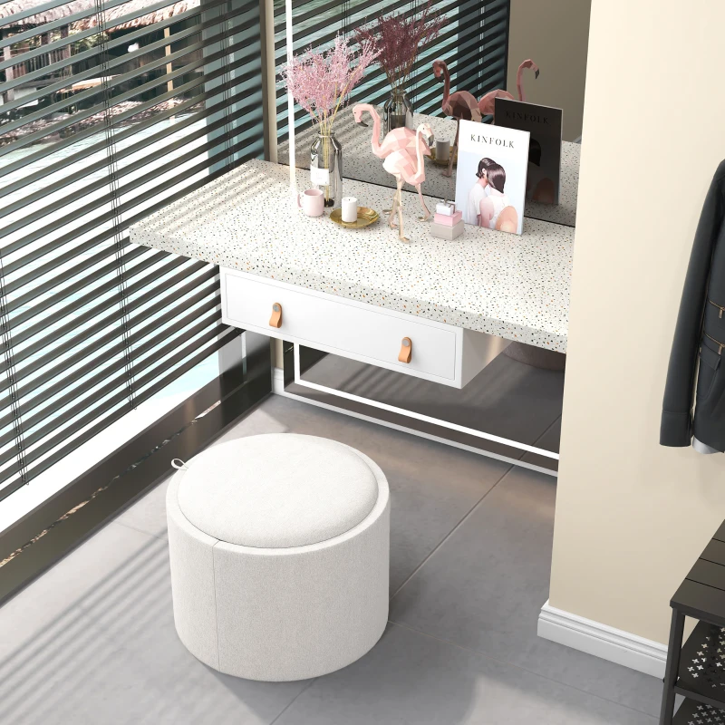 HOMCOM Puffs Taburete Acolchado de Lino con Almacenamiento Oculto y Tapa Reversible 56x56x42 cm Crema + Natural