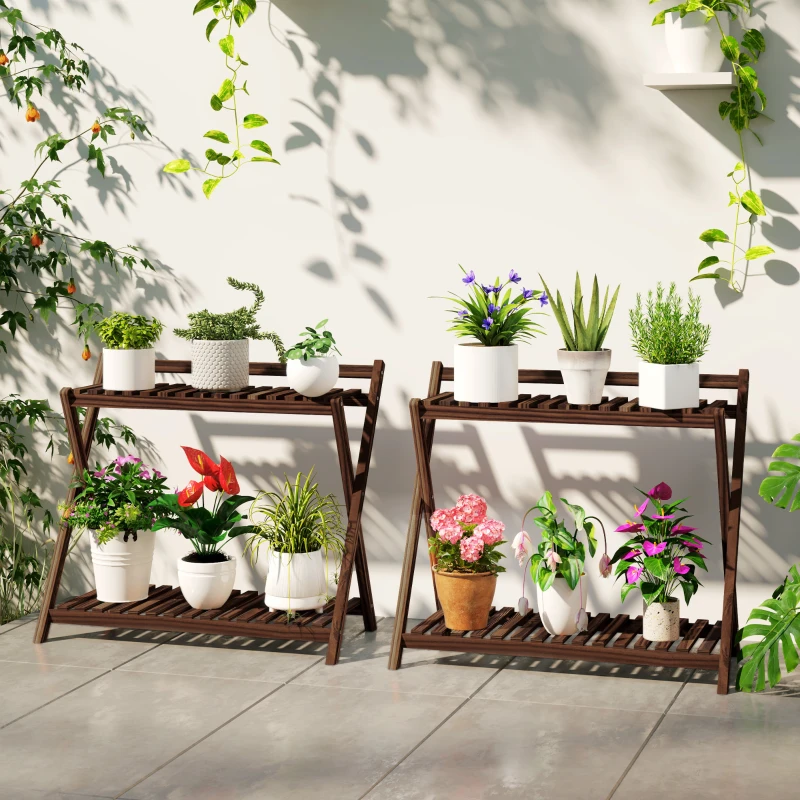 Outsunny Set aus 2 Innenpflanzenständern 2 Ebenen Holzregale mit Rückenstütze 73 x 36 x 64 cm Braun