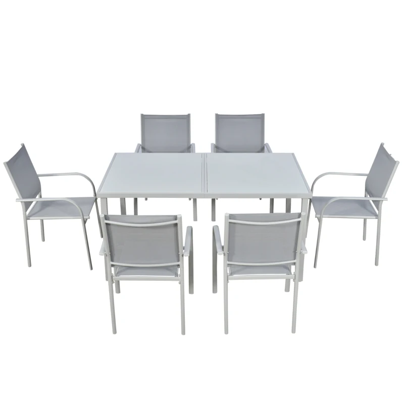 Outsunny Conjunto de jardín 6 sillas + 1 mesa de acero conjunto de jardín 7 piezas sillas apilables tablero de vidrio templado