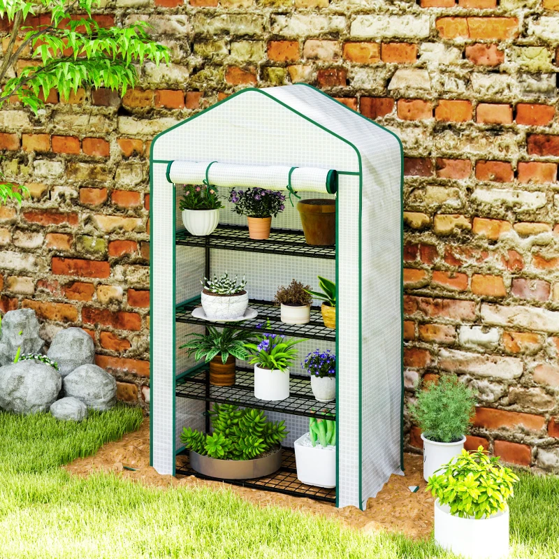 Outsunny Serra da Giardino o Balcone con 4 Ripiani, Acciaio Zincato, Telone Rimovibile PE ad Alta Densità, 90x49x160cm, Bianco