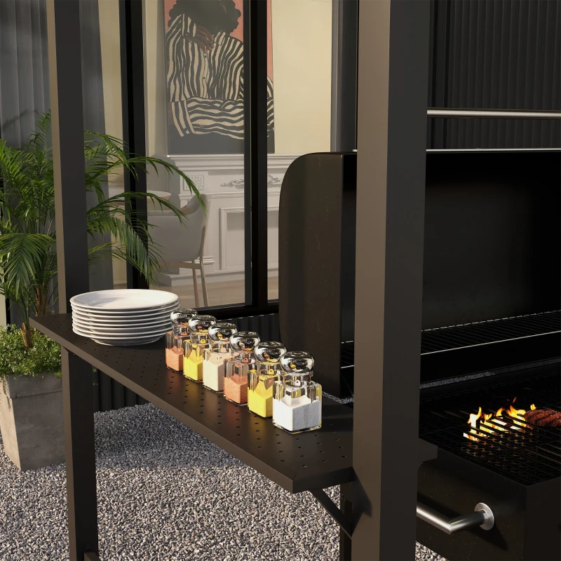 Outsunny Pavillon de barbecue, 2 tablettes latérales, Crochets, Cadre en acier, 1,1 x 2,3m, Gris foncé