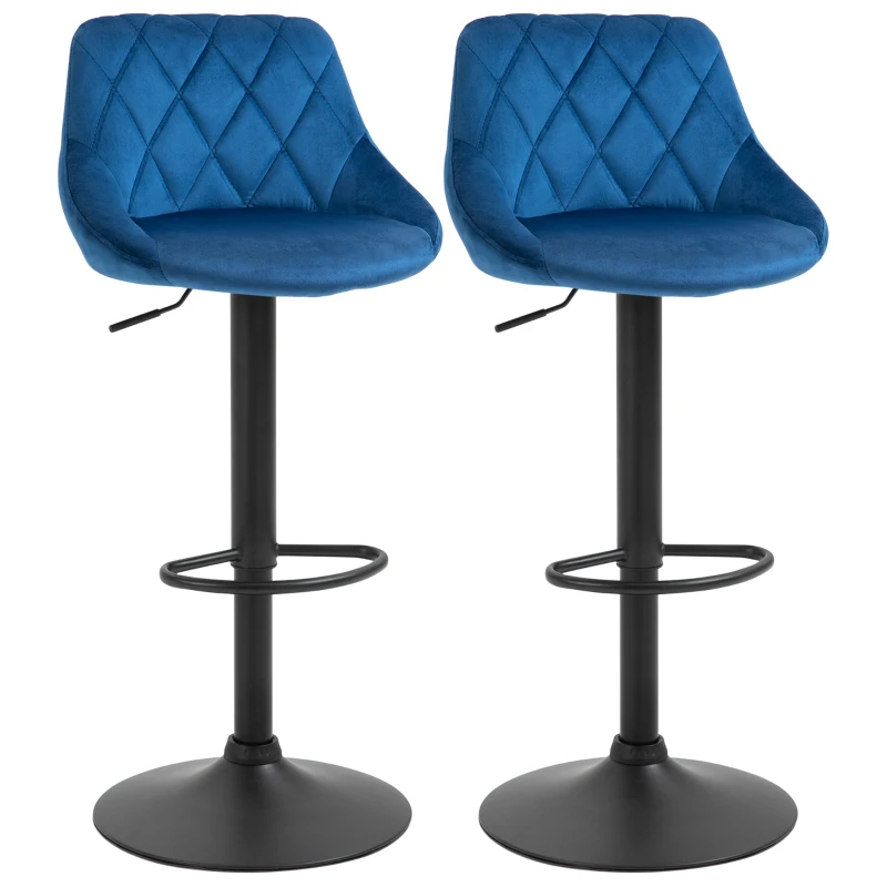 HOMCOM Set 2 Barhocker, Höhenverstellbar mit Metallsockel und Samtsitz, Moderne Barhocker mit Rückenlehne und Fußstütze, 46x48x83-104cm, Blau