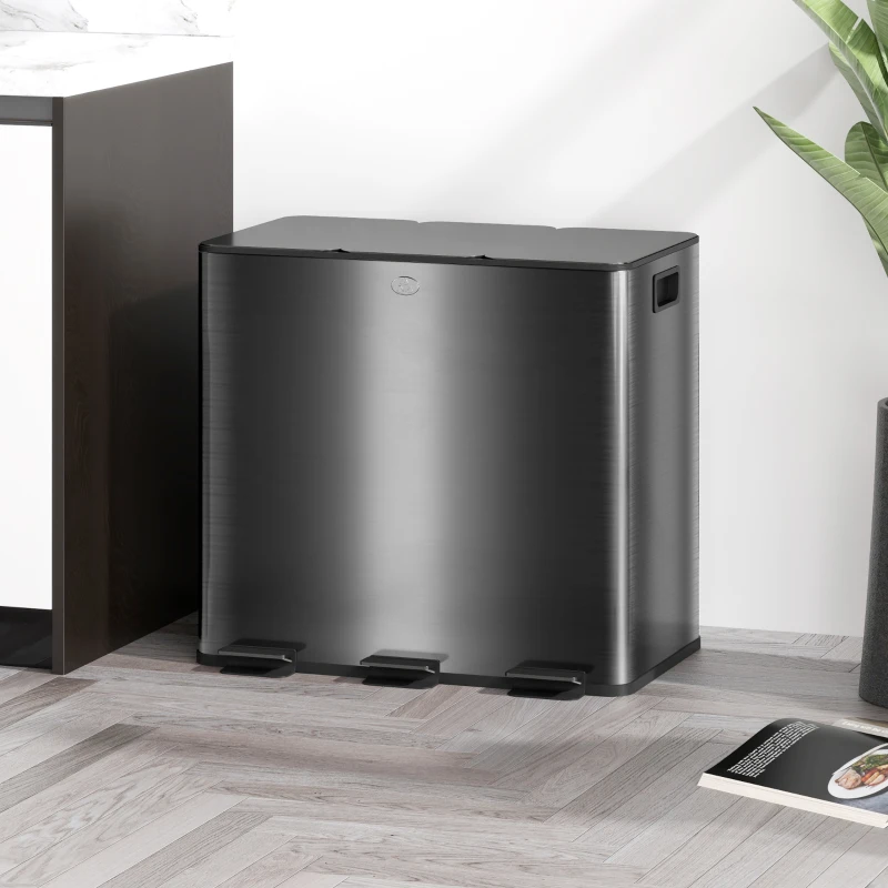 HOMCOM Bidone da Cucina 45L con 3 Scomparti da 15L, Coperchio, Secchi Interni Rimovibili, 3 x 15L, Nero