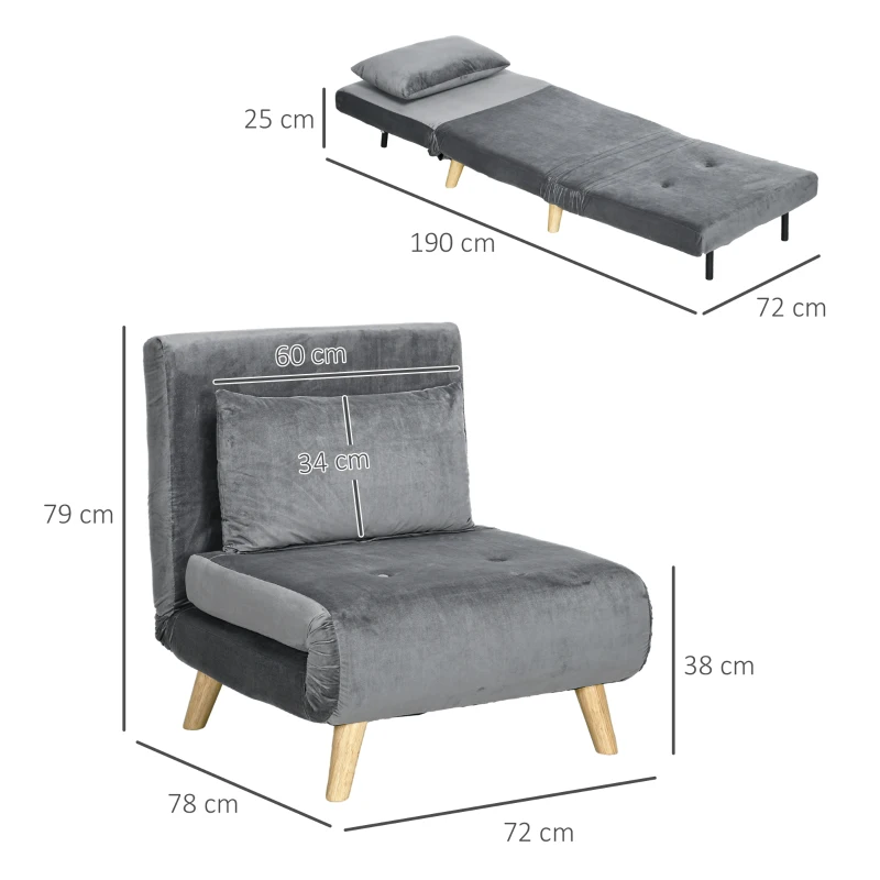 HOMCOM Sillón 2 en 1 relax Cama de Invitados 72x78x79 cm Gris
