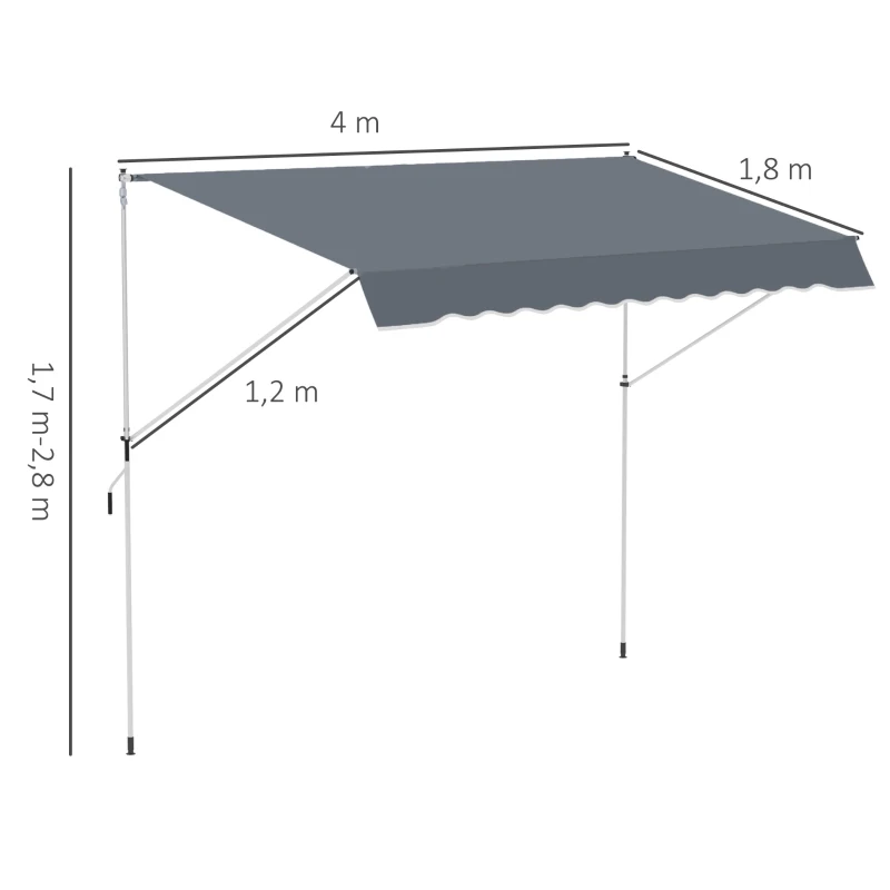 Outsunny Toldo retráctil manual 4L x 1,2An m Auvent Telescópico sin Taladrar Inclinación y Altura ajustable Instalación Rápida metal aluminio Poliéster Anti-UV Gris oscuro