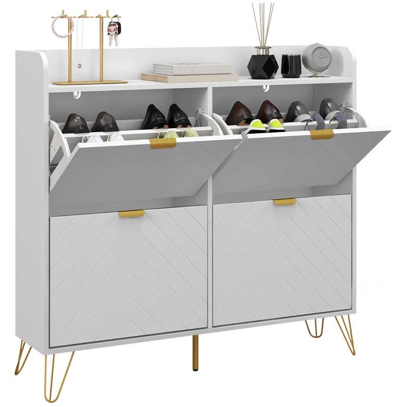 HOMCOM Mobile Porta Scarpe 4 Ribaltabili, con Ripiano Regolabile, Contenitore Scarpe, 106 x 24 x 102 cm, Bianco