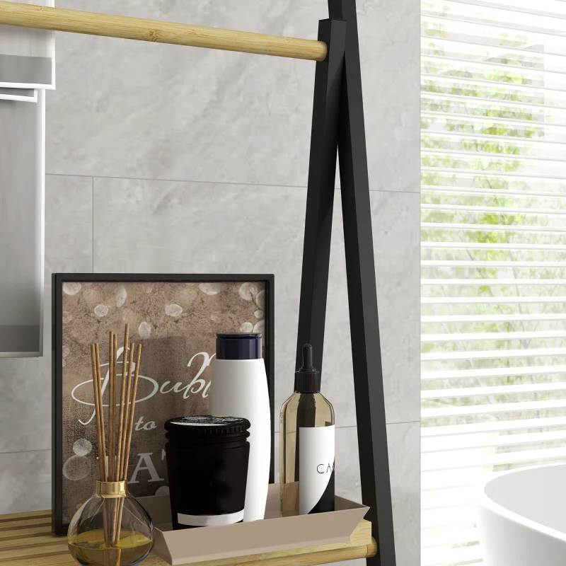 HOMCOM Porta toallas plegable 3 barras de suspensión y 3 estantes en bambú para baño estructura metálica Negro