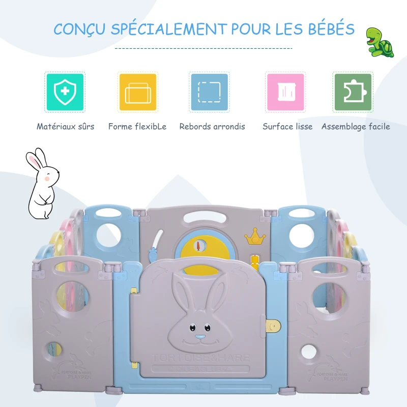 HOMCOM Parc pour bébé pliable plastique écologique 14 panneaux - barrière de sécurité - porte verrouillable, jeux - convient aux enfants de 6 à 36 mois - 156L x 154l x 59H cm
