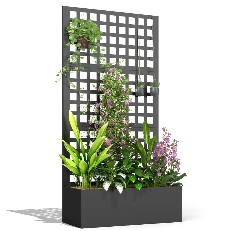 Outsunny Jardinera con enrejado, pantalla de privacidad, lecho elevado de jardín de acero galvanizado, para plantas trepadoras, 89x40x178cm, negro