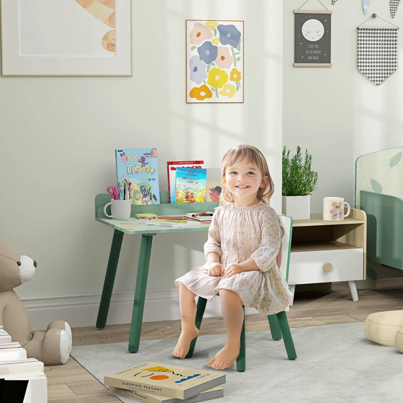 AIYAPLAY Ensemble Table et Chaise pour Enfants avec Étagère de Rangement, en MDF et Bois de Pin, Vert
