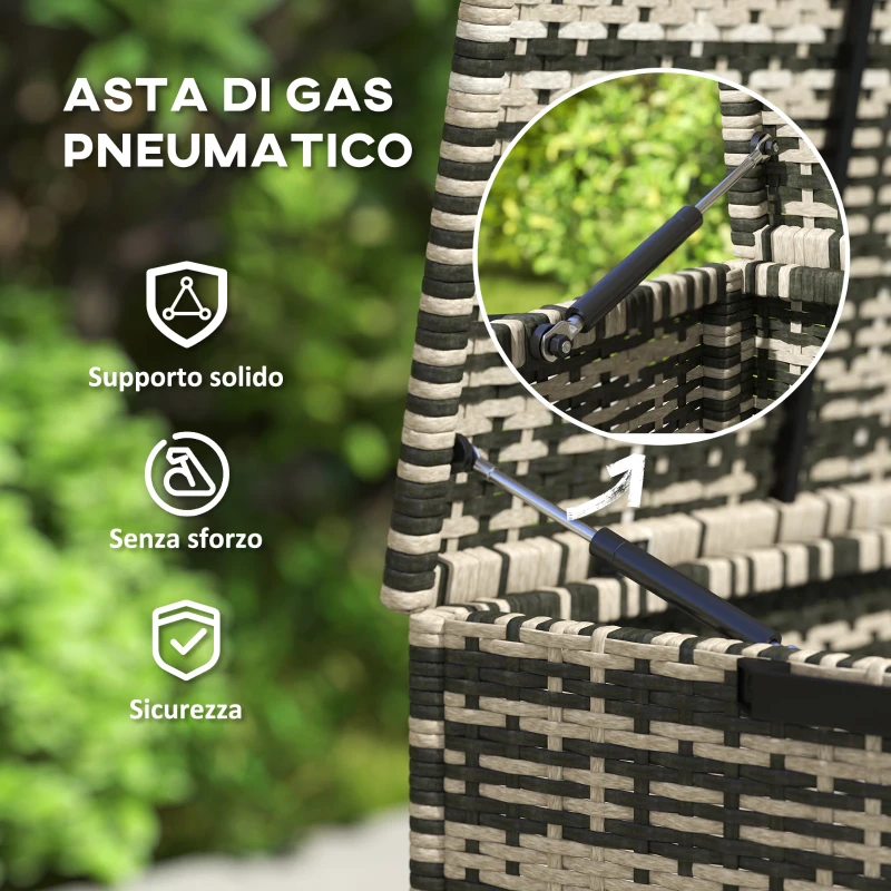 Outsunny Baule da Esterno da 350L a 2 Livelli con Pistoni a Gas, Rattan PE e Acciaio, 118x57x69 cm, Grigio