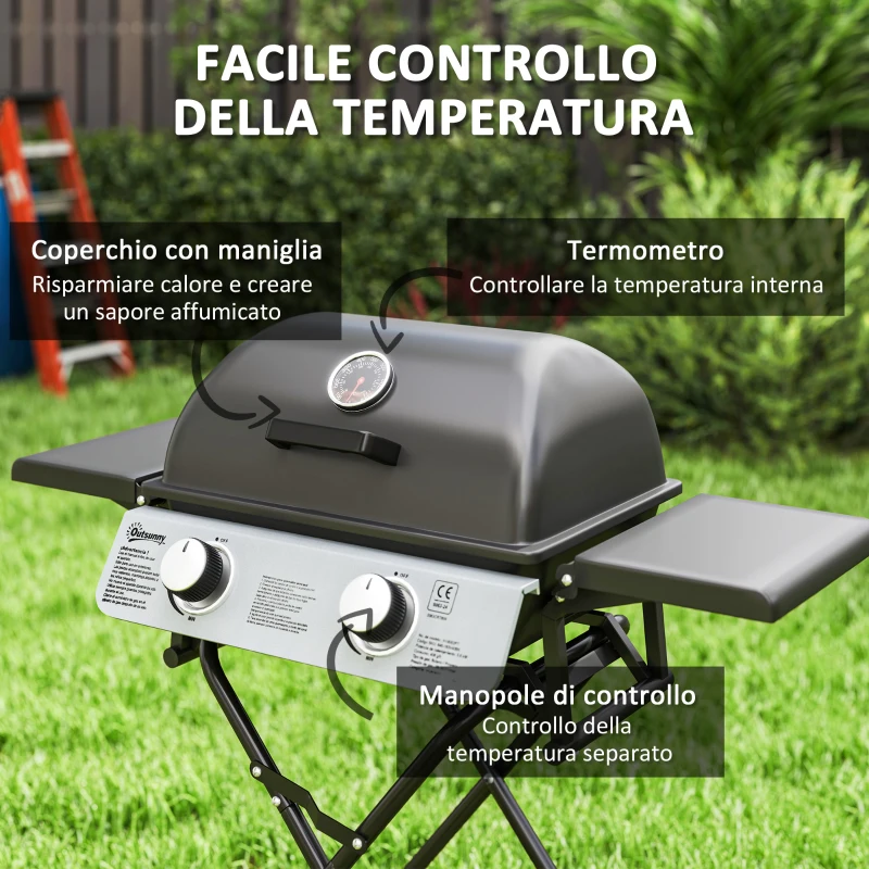Outsunny Barbecue a Gas Portatile con 2 Bruciatori e 2 Tavolini, Coperchio con Termometro e Ruote, Nero