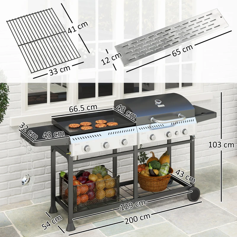 Outsunny Deluxe Duo Gas BBQ, with Grill, Plancha and Side Burner - Black