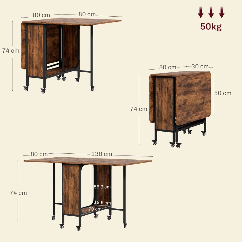 HOMCOM Opklapbare Eettafel, Mobiele Klaptafel voor 6 Personen met Opbergruimte, Draagvermogen tot 50 kg, 130 x 80 x 74 cm, Rustiek-Bruin(m-3)