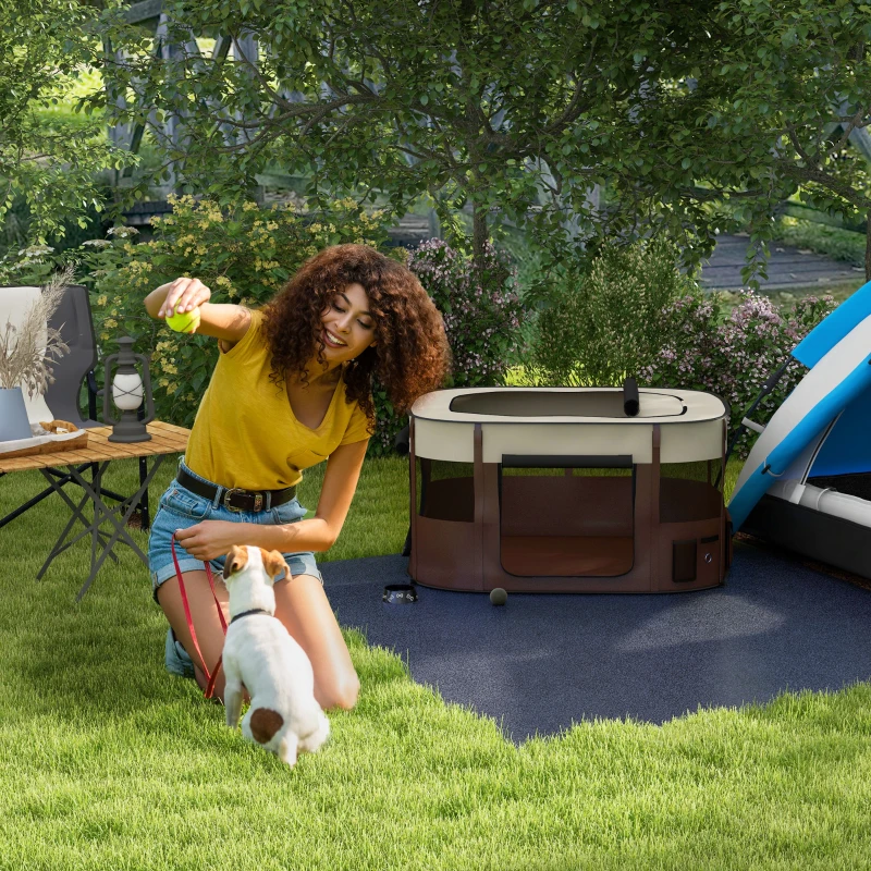 PawHut Faltbarer Tierpark aus Oxford-Gewebe für Welpenpark mit Fenstern und Türen, Aufbewahrungstasche braun