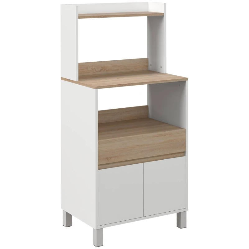 HOMCOM Mueble carrito de cocina para microondas con armario cajón estante superior 60x40x131 cm natural y Blanco
