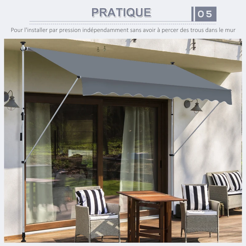 Outsunny Toldo retráctil manual 4L x 1,2An m Auvent Telescópico sin Taladrar Inclinación y Altura ajustable Instalación Rápida metal aluminio Poliéster Anti-UV Gris oscuro