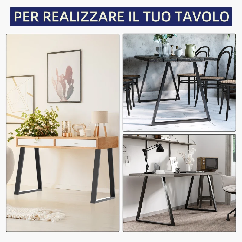 HOMCOM Set 2 Gambe per Tavolo Trapezoidali in Acciaio con 6 Fori e 12 Viti, 70x5x72 cm, Nero