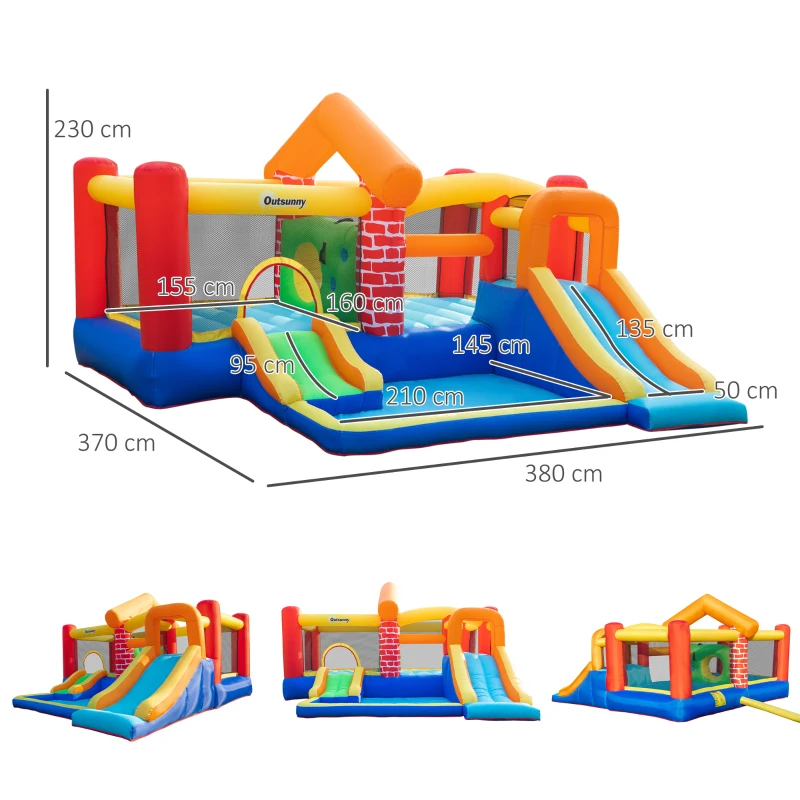 Outsunny Château Gonflable avec 2 Toboggans 2 Lits de Saut et Piscine pour Enfants +3 Ans Inclus Pompe et Sac de Transport pour Intérieur Extérieur 380x370x230 cm Multicolore